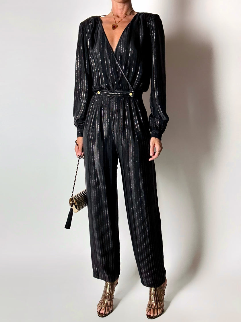 Jumpsuit vintage Yves Saint Laurent Rive Gauche nera con righe in lamé oro