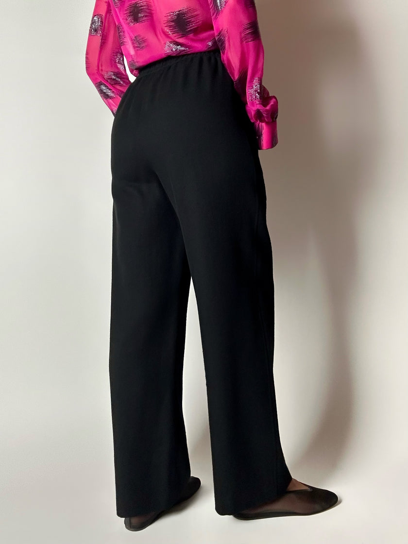 Pantaloni vintage Yves Saint Laurent Variation in lana nera a gamba ampia con tasche applicate