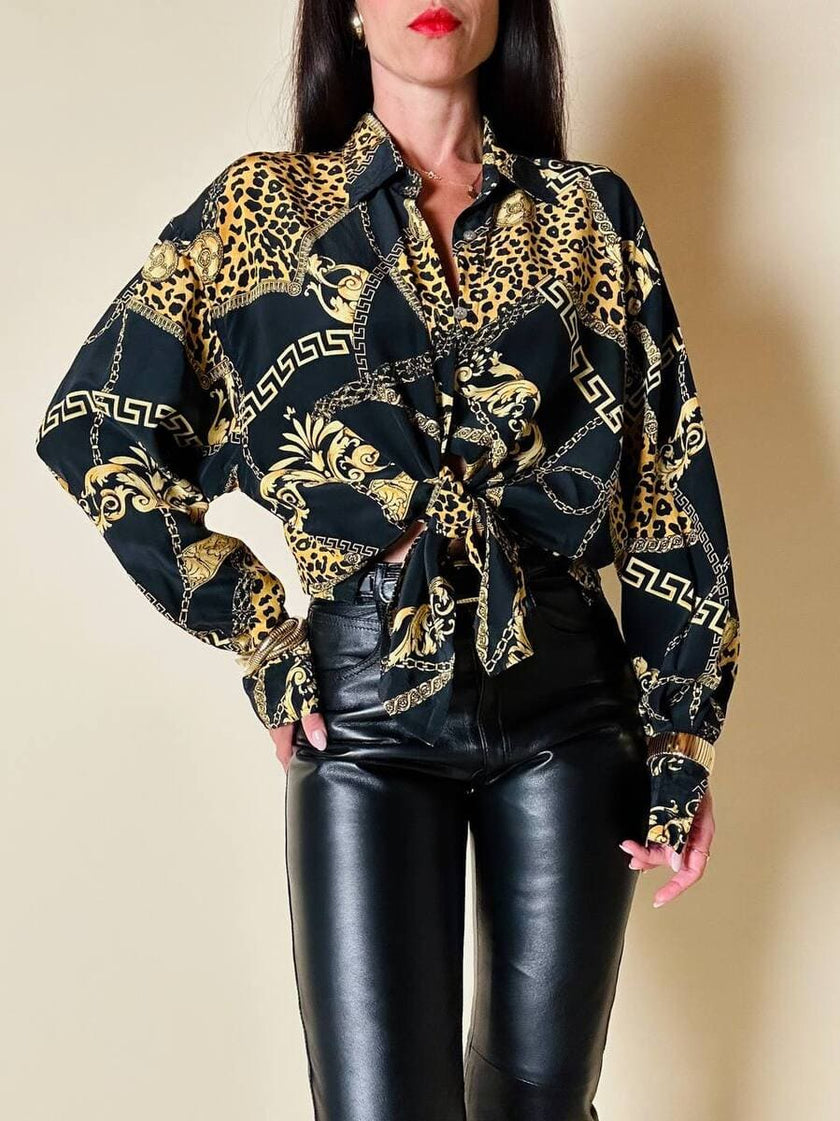 Camicia in seta opaca nera fantasia barocca