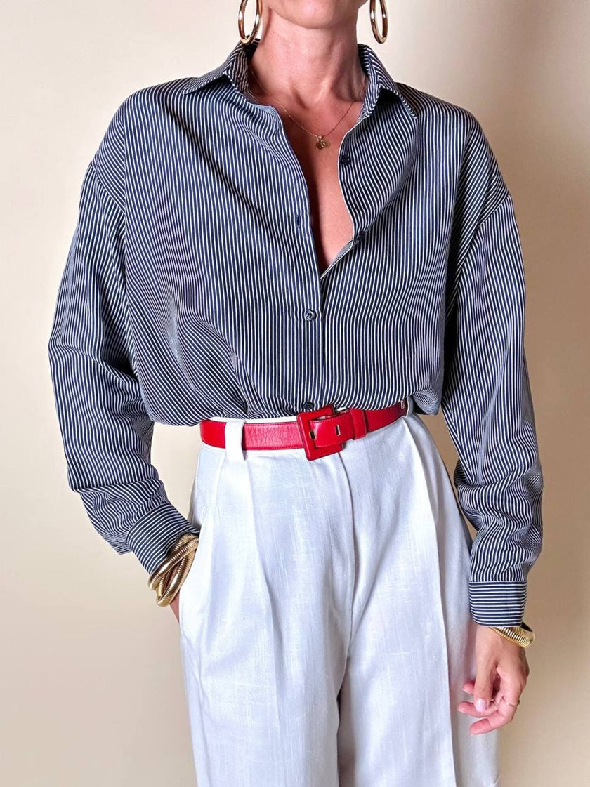 Camicia Intrend in pura seta fantasia mille righe blu e bianca