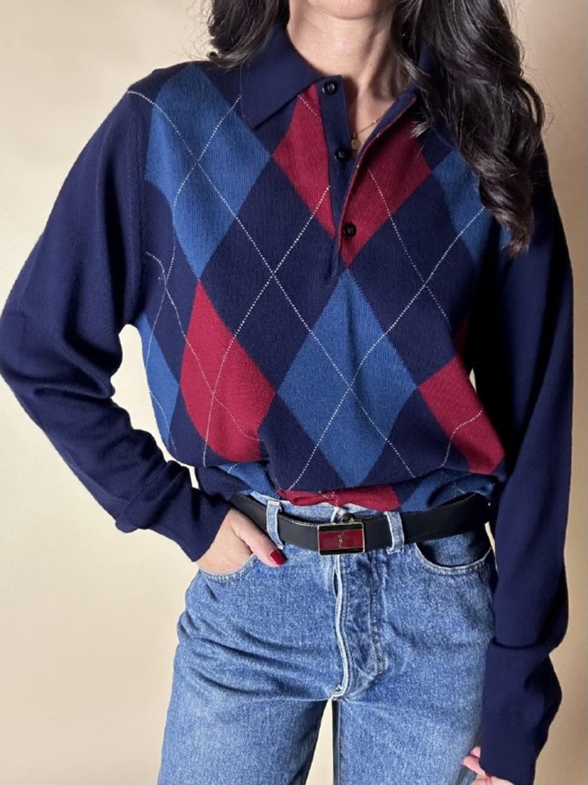 Pullover vintage fantasia Argyle blu notte avio e borgogna Verlana By Jon Smedley