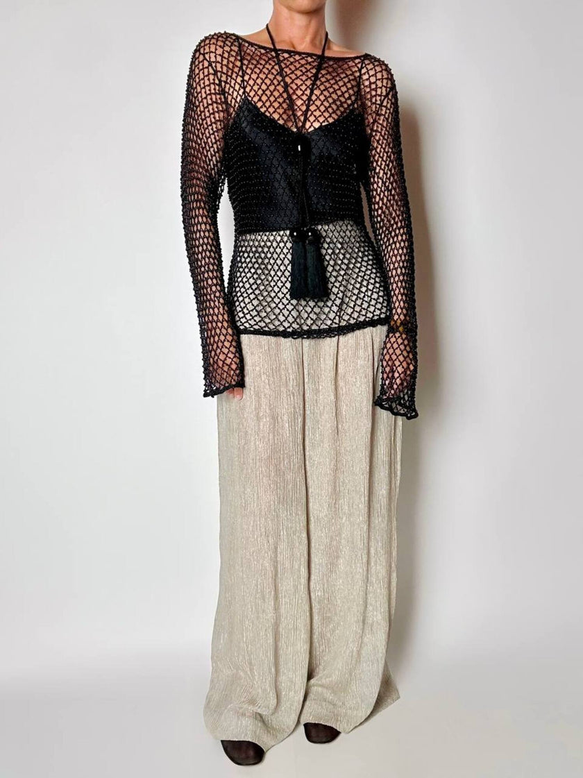 Pantalone a palazzo vintage Emporio Armani in seta goffrata champagne operata con filo metallico