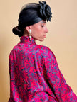 Camicia con fiocco al collo in raso di seta fucsia fantasia paisley