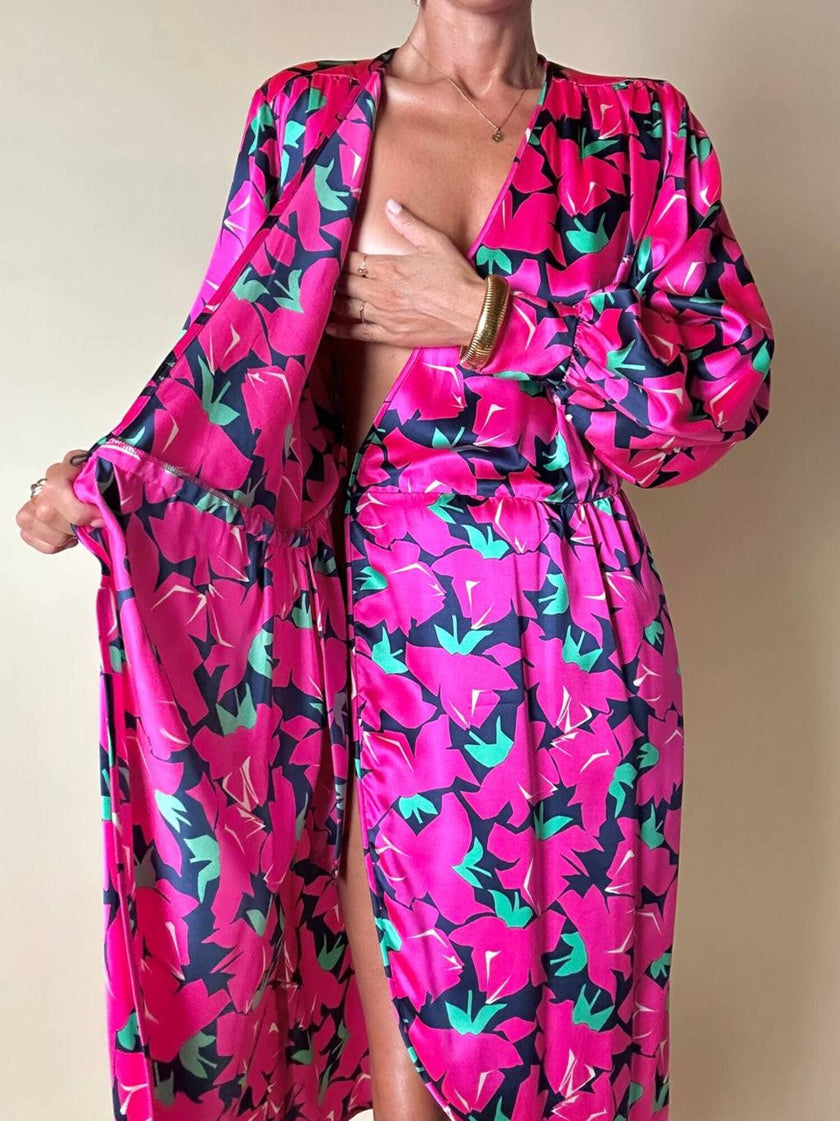 Vintage Yves Saint Laurent Wickelkleid aus Seidensatin mit Blumenmuster