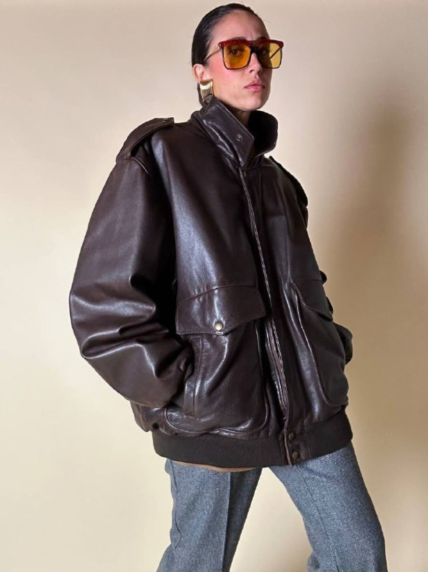 Bomber aviator oversize in pelle testa di moro