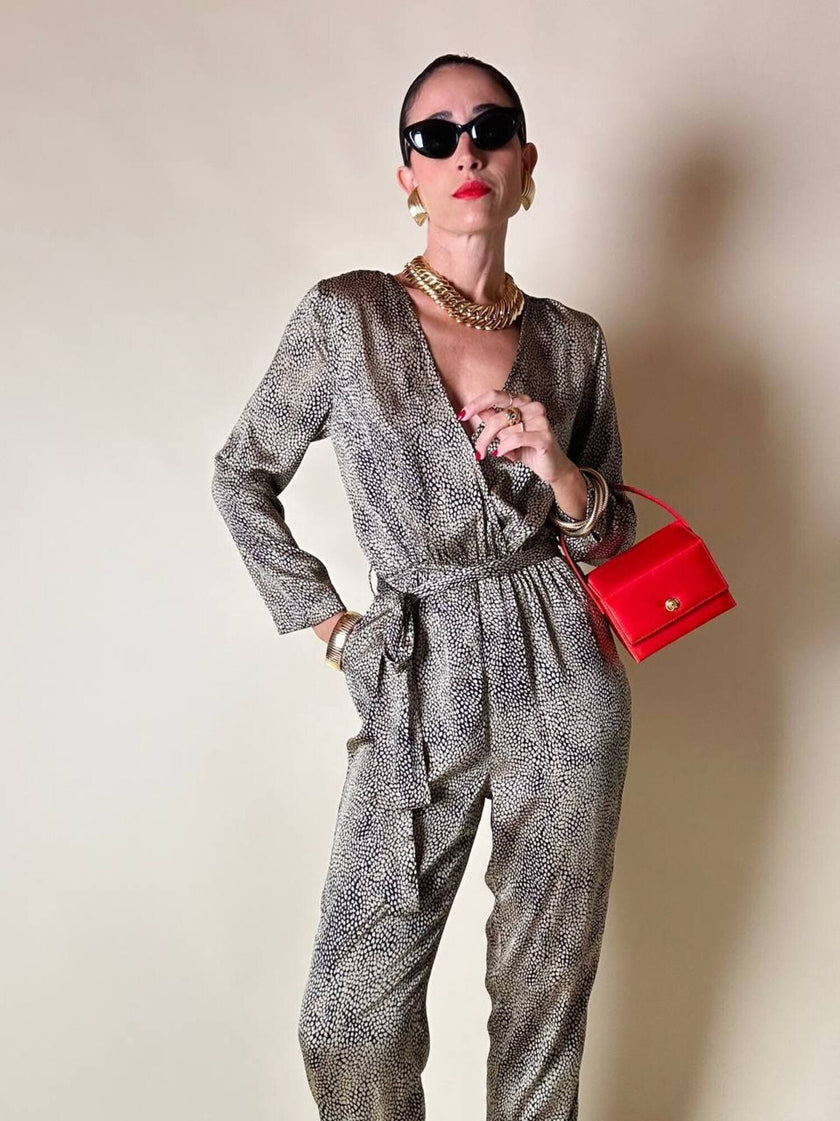 Jumpsuit in raso fantasia micro leopardo