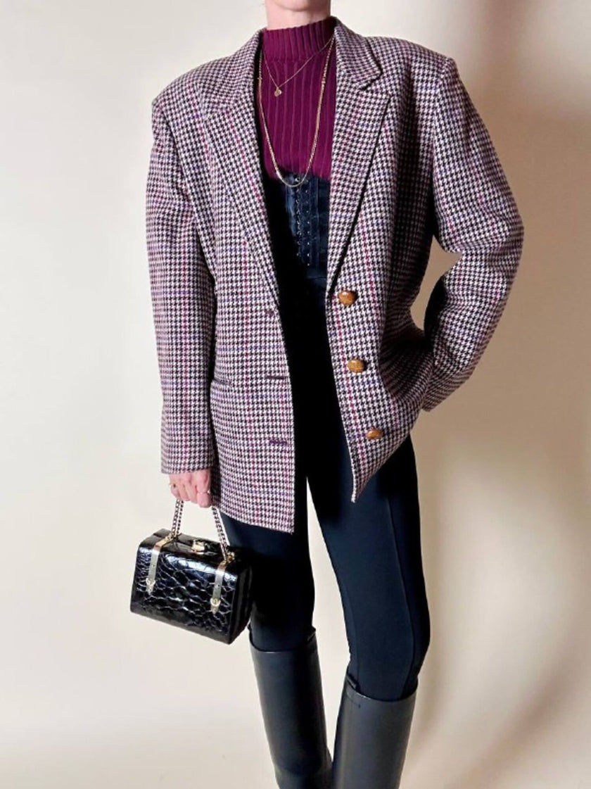 Blazer United Class Coll Colors Benetton in lana pied de poule beige e cioccolato con bottoni berlebeck