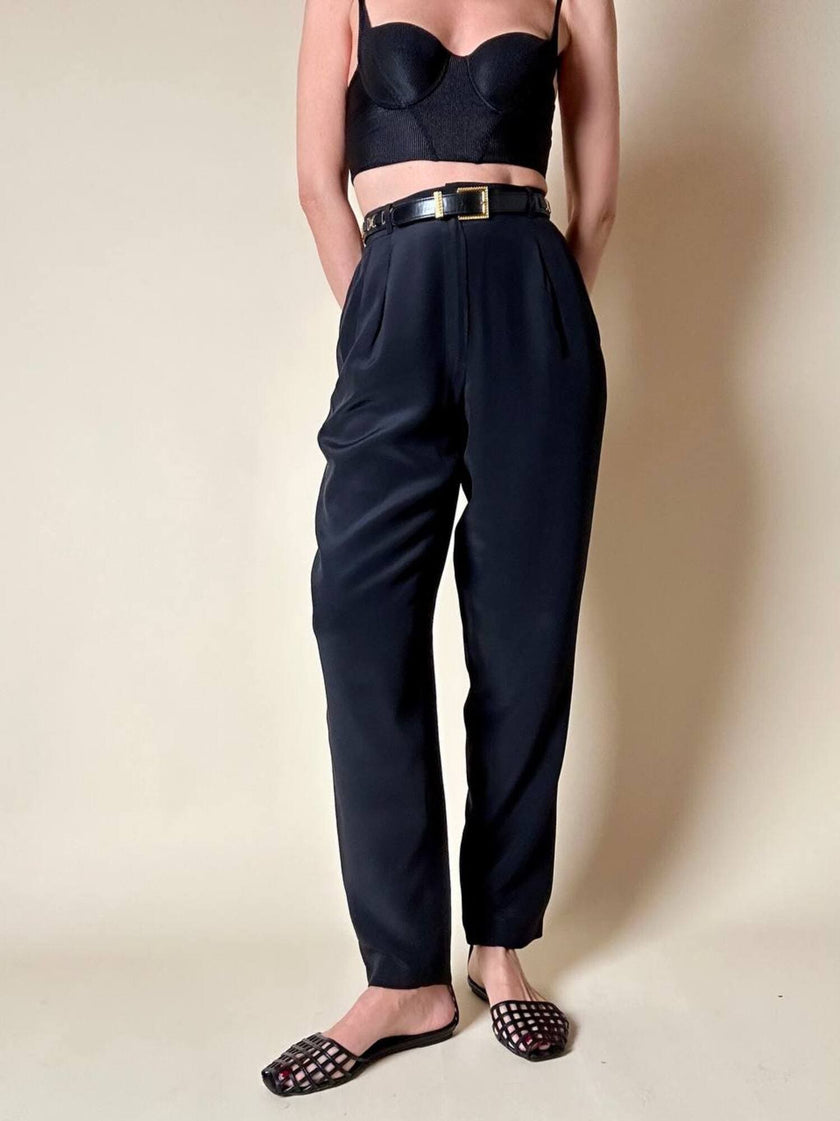 Pantalone nero a vita alta in pura seta “Pancaldi”