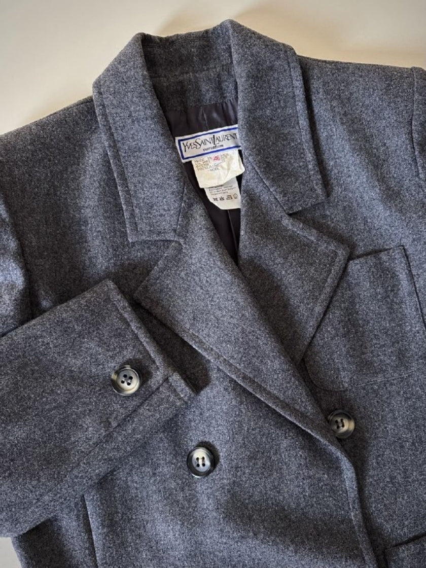 Blazer doppiopetto Yves Saint Laurent in panno di lana mélange grigio antracite