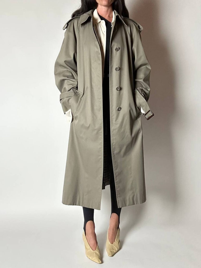 Vintage Aquascutum trench coat in khaki green gabardine with matching belt