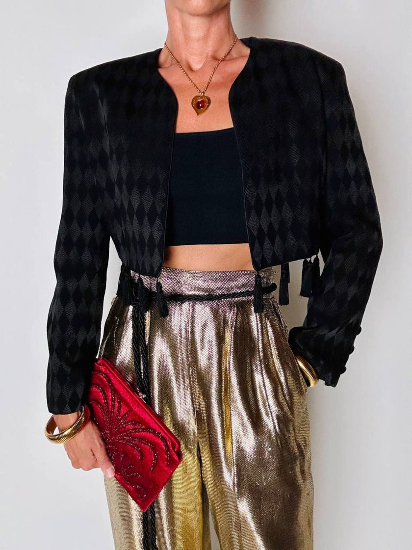 Spencer vintage Louis Féraud in tessuto jacquard nero operato a losanghe e nappine