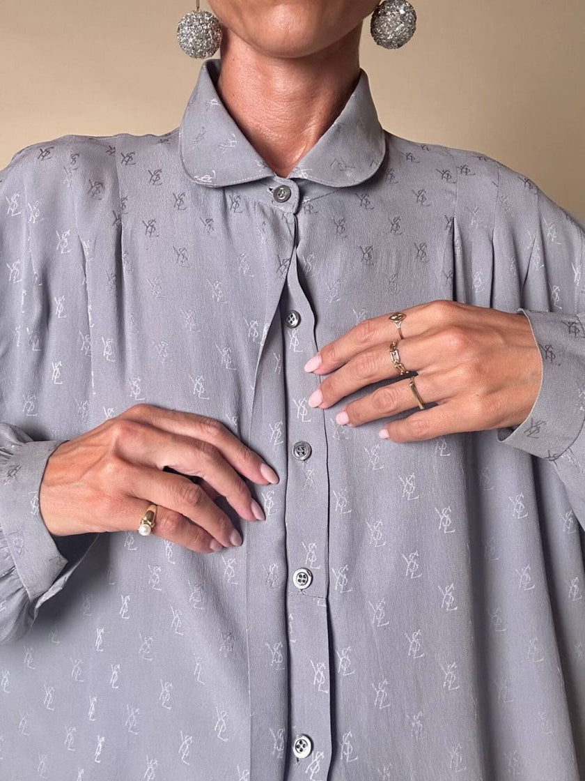 Camicia in seta Jacquard gray con logo YSL allover