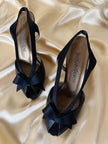 Sandali neri in pelle e raso con fiocco “Yves Saint Laurent”