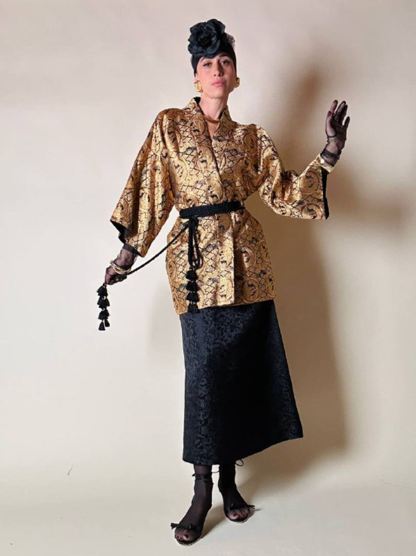 Abito a fascia in broccato di seta nero fantasia orientale