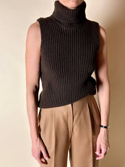 Gilet dolcevita Stefanel vintage in lana marrone a coste