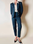 Witty Girl ensemble in bottle green and midnight blue vertical-striped wool jersey