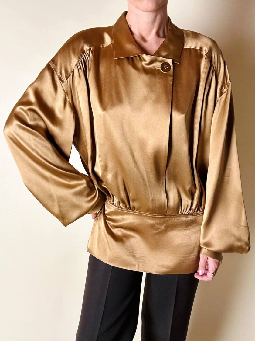 Blusa vintage Baila in seta bronzo con dettaglio gioiello nei polsi