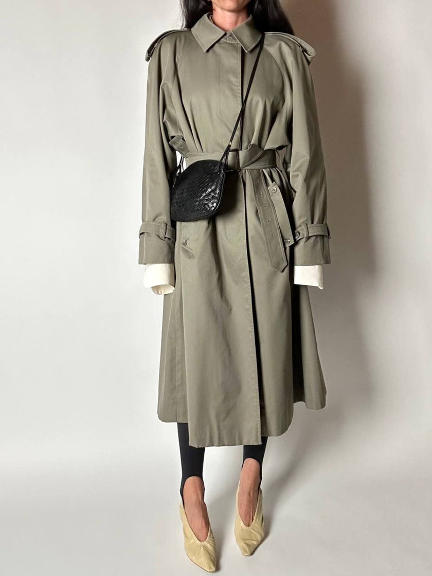 Vintage Aquascutum trench coat in khaki green gabardine with matching belt