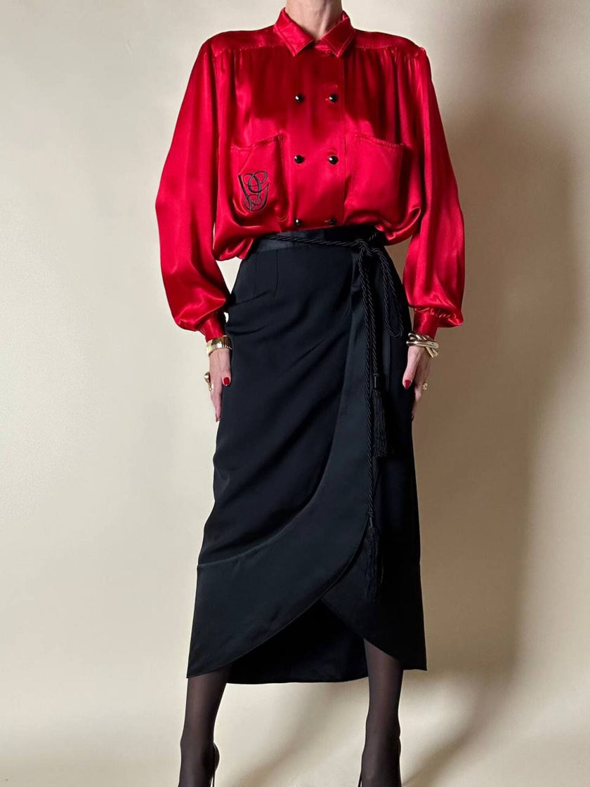 Gonna tulip nera in rasato di lana con riporti in raso “Guy Laroche”