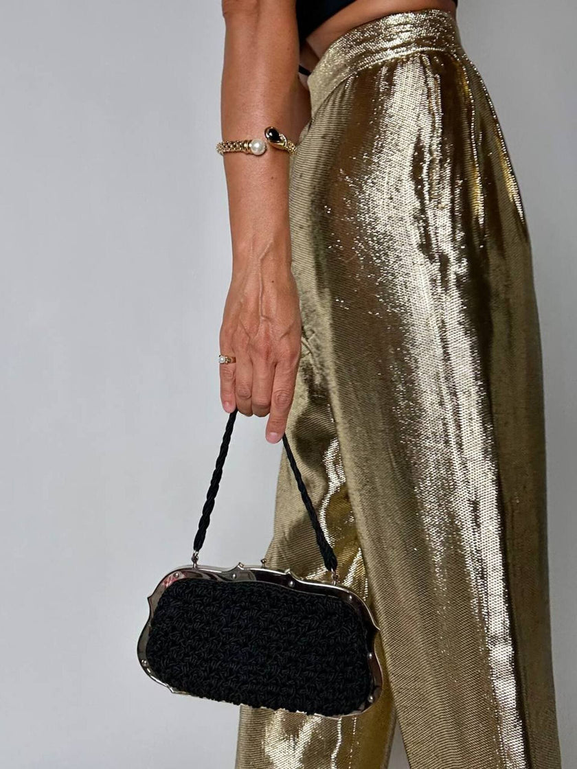 Bracciale vintage in metallo dorato con perla onice nero e cristalli