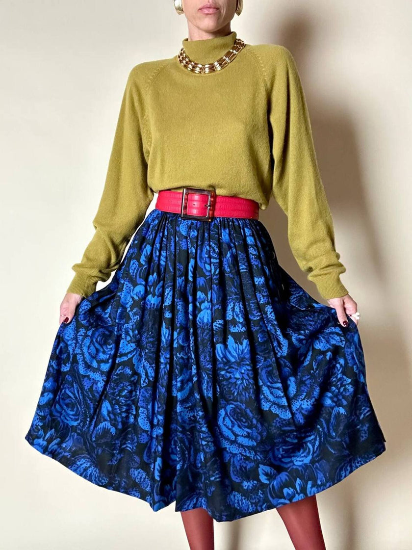 Gonna a ruota Yves Saint Laurent Variation in lana blu elettrico con fantasia floreale nera