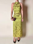 Abito vintage sartoriale con scollo all’americana in seta jacquard verde acido fantasia floreale