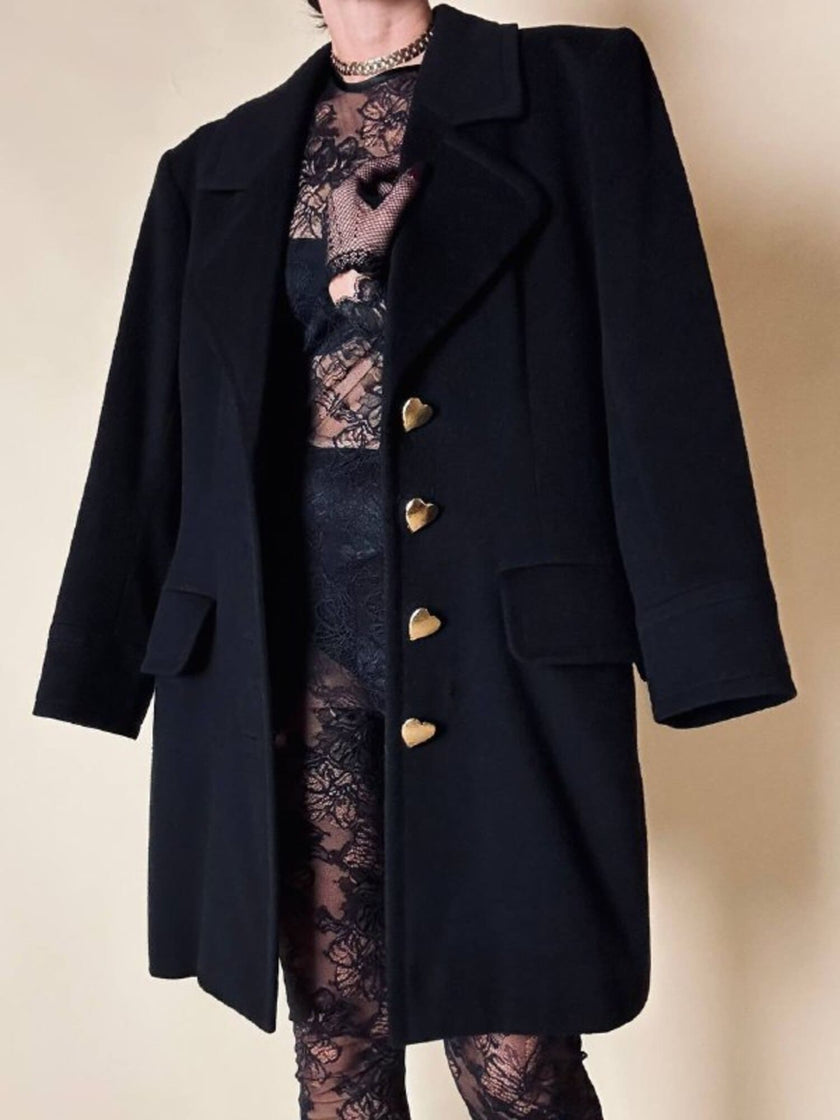 Vintage-Kurzmantel von Yves Saint Laurent aus schwarzer Wolle mit herzförmigen goldenen Knöpfen