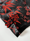 Pantalone vintage a vita alta in raso jacquard nero e rosso fantasia bambù e fiori di prugno