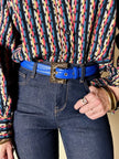 Cintura vintage Yves Saint Laurent in pelle bluette con fibbia gioiello dorata