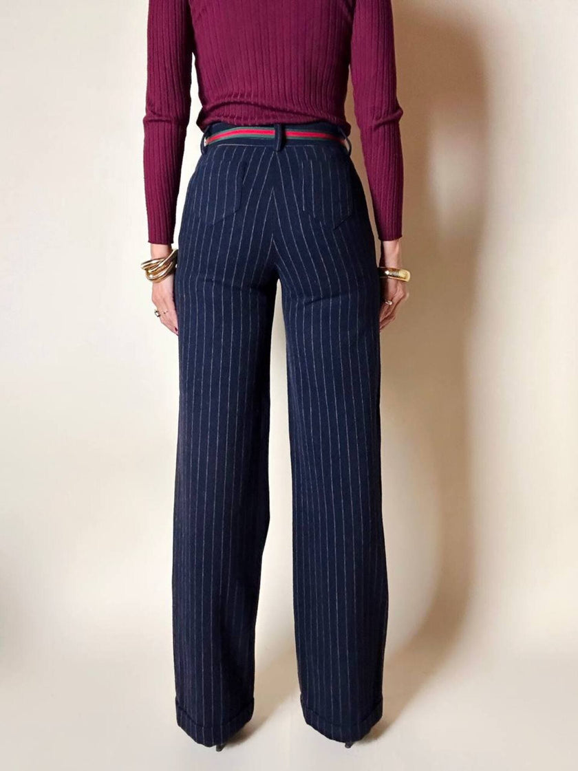 Pantalone a vita alta DOU DOU modello sailor in lana gessata blu notte