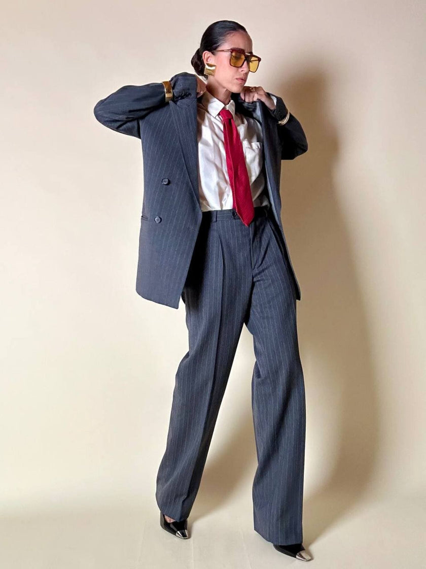 Tailleur gessato in lana grigio antracite “Yves Saint Laurent”