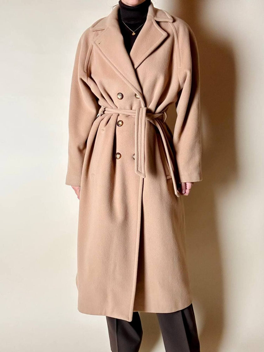 Cappotto vintage Kamaé modello vestaglia in lana e cachemire cammello chiaro