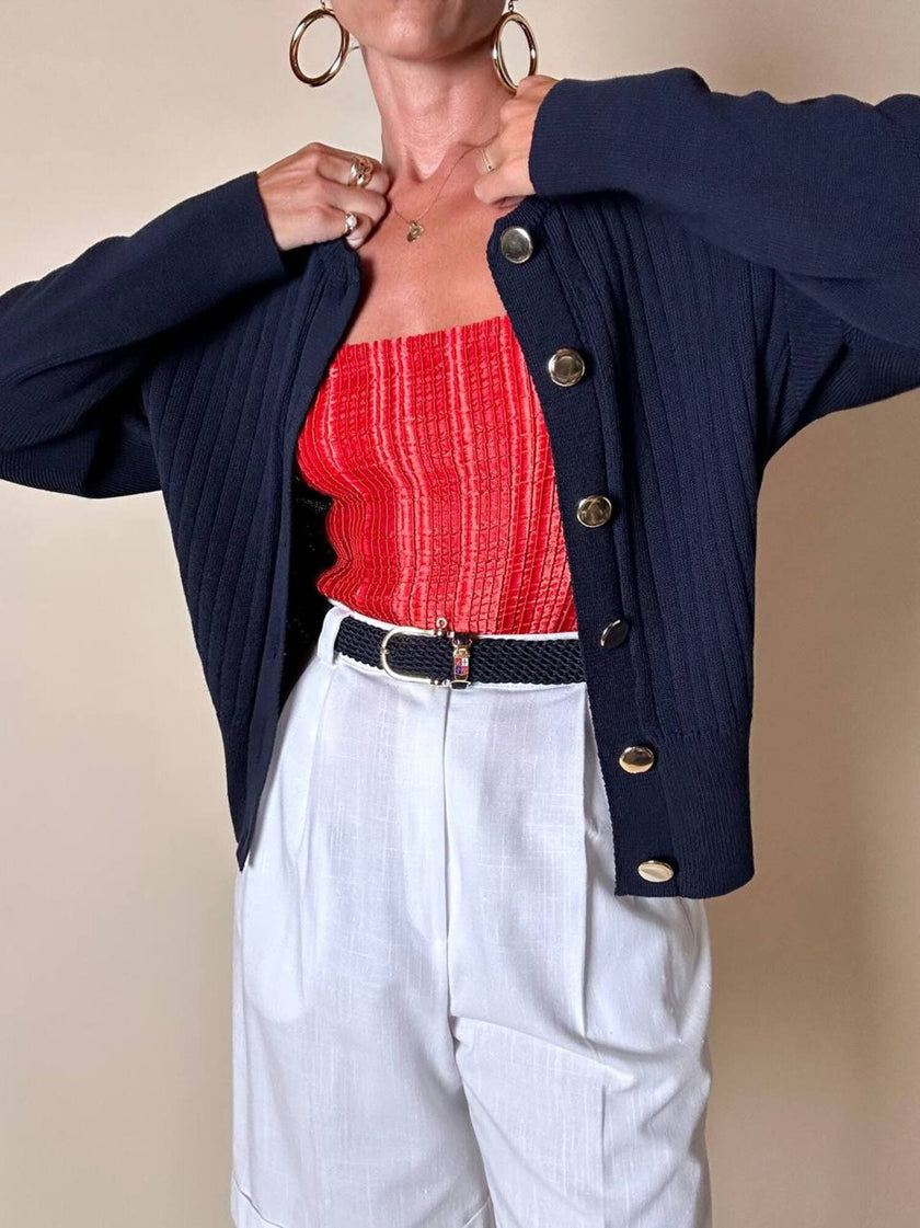 Cardigan Yves Saint Laurent blu navy con bottoni dorati a specchio