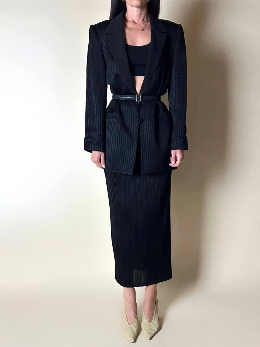 Blazer vintage State of Claude Montana in tessuto jacquard nero bacchettato