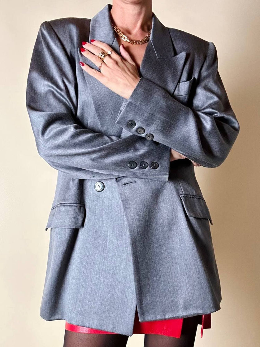 Blazer doppiopetto in rasato di lana grigio “Yves Saint Laurent”