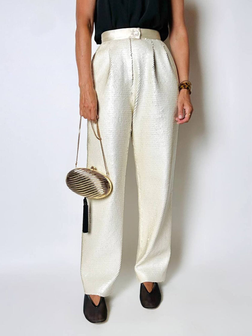 Vintage cream sequin-embroidered palazzo pants