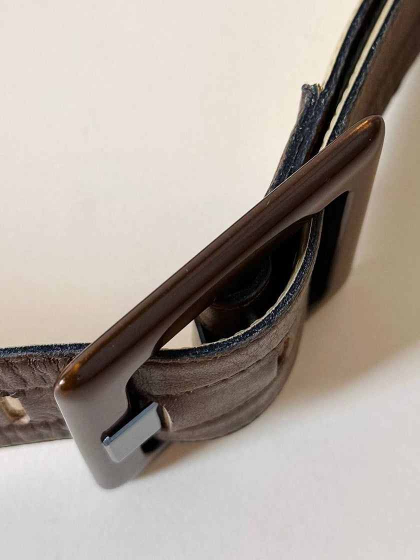 Cintura vintage Yves Saint Laurent in pelle marrone con maxi fibbia in resina