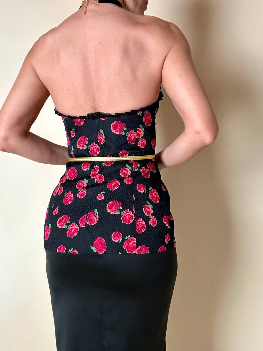 Bustier nero fantasia rose rosse in seta operata “Rena Lange”