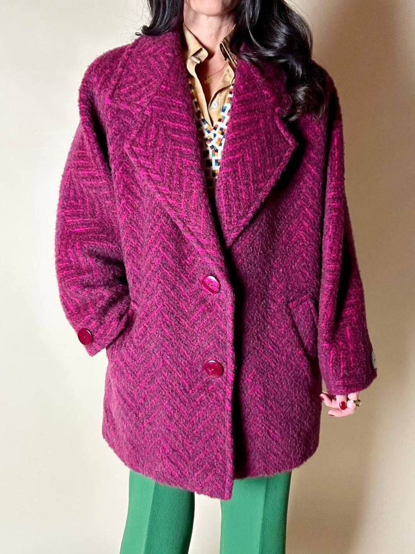 Capottino vintage spinato in tweed di lana e mohair magenta e prugna
