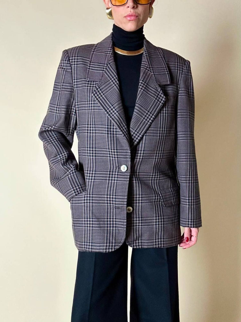 Blazer sartoriale in rasato di lana principe di Galles fango e nero