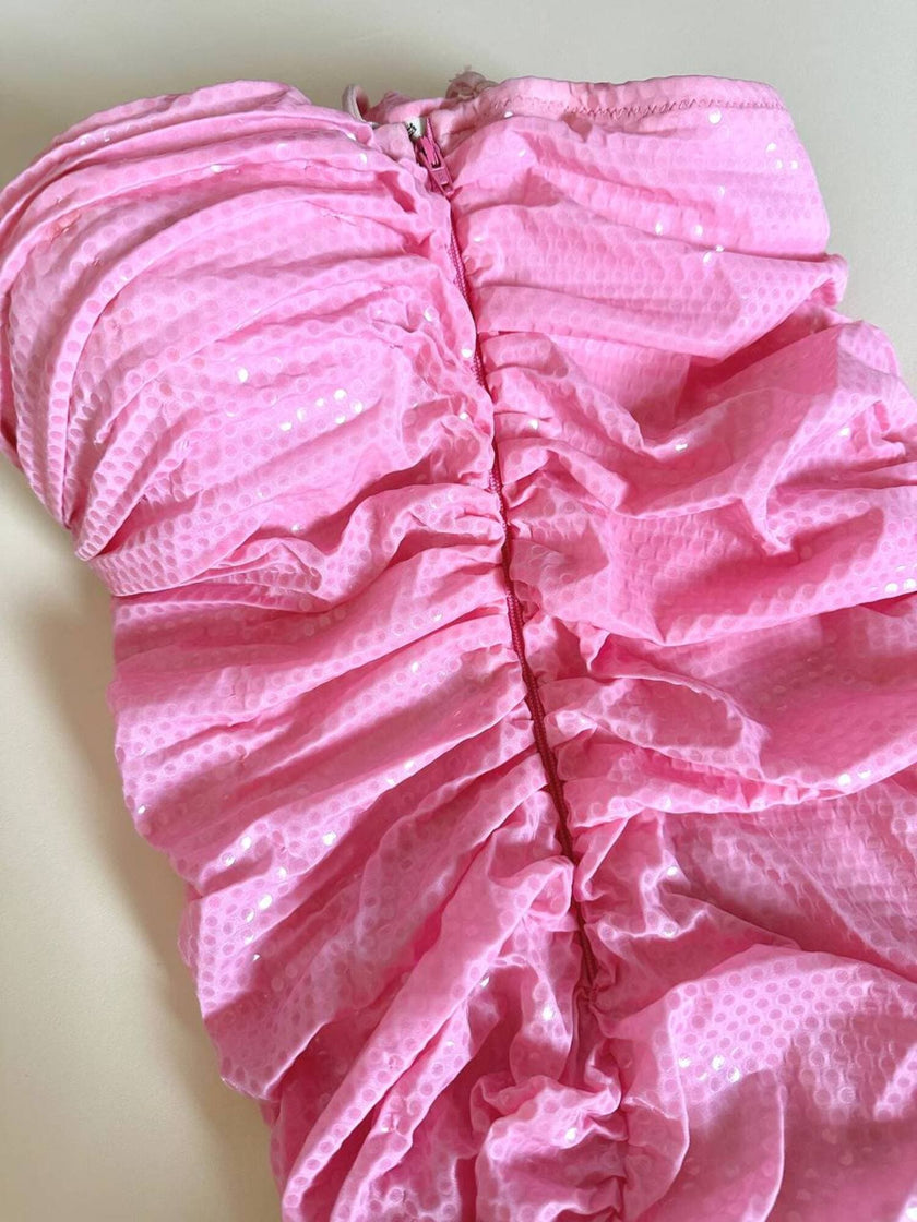Mini dress rosa in tessuto stretch con micro paillettes trasparenti termo-adesive “La Perla”