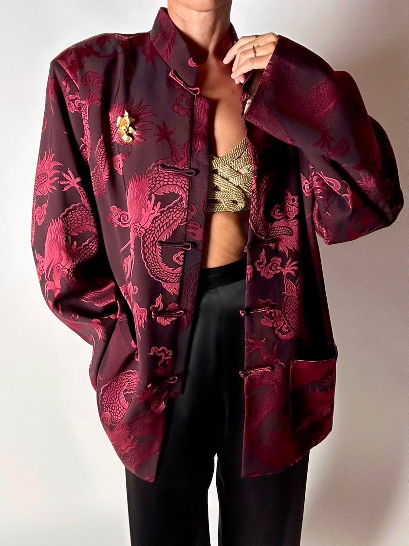Giacca vintage in tessuto jacquard bordeaux con draghi cinesi e alamari