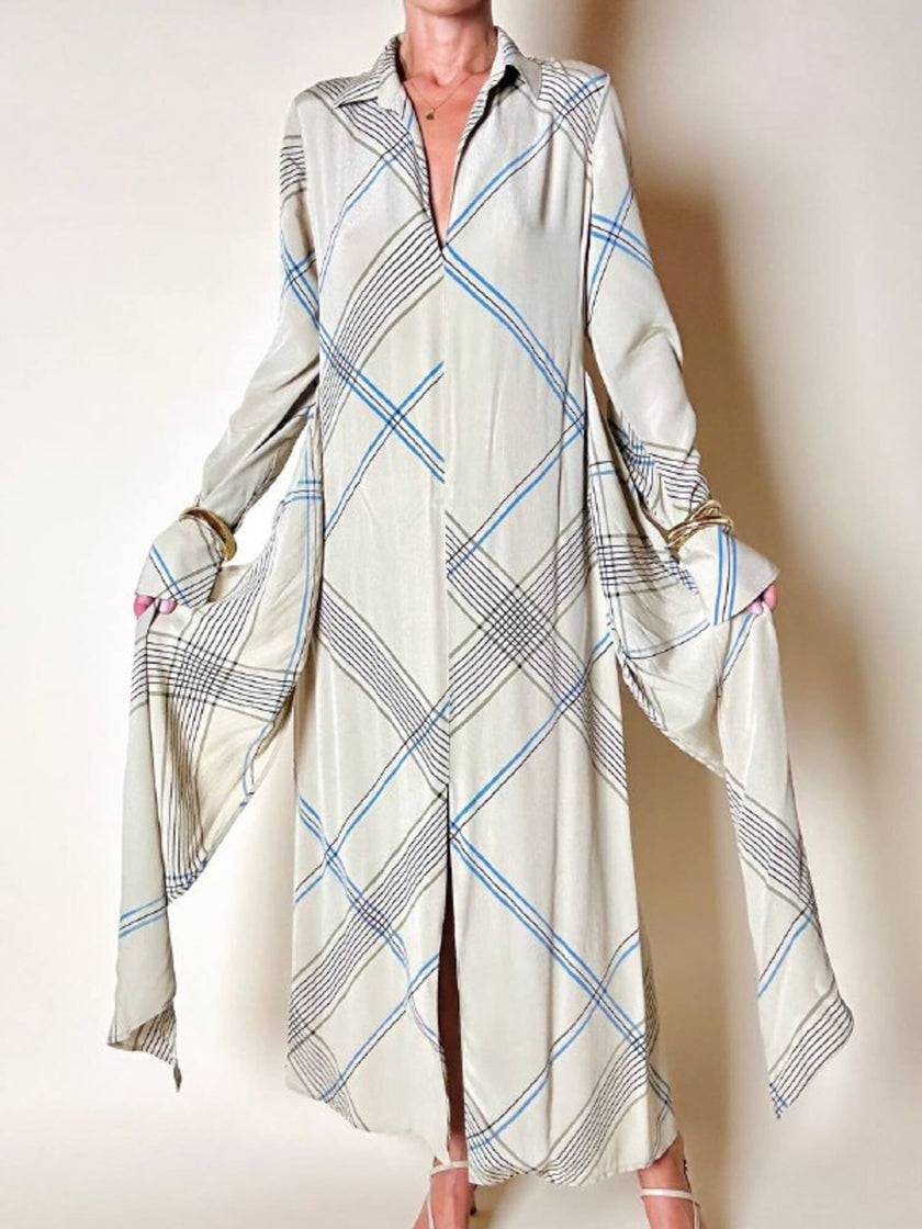 Abito Guy Laroche in crepe beige fantasia geometrica nera e azzurra