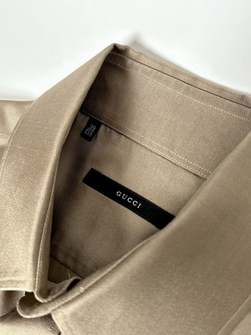 Vintage Gucci dove-grey silk shirt with mother-of-pearl buttons and French cuffs