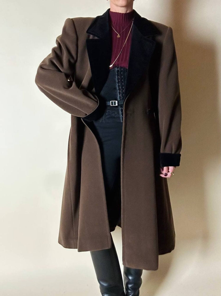 Alex & Tris green-brown wool double-breasted coat with martingale and black velvet trim