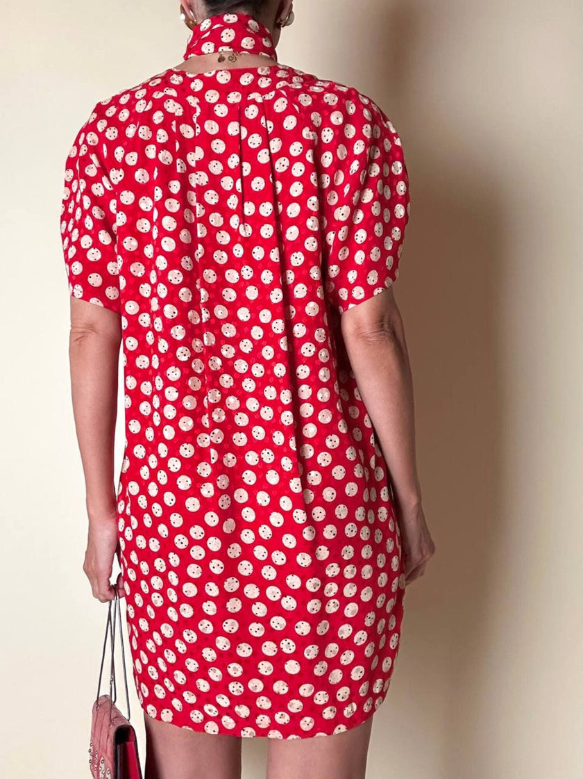 Mini abito rosso in seta jacquard a pois con fusciacca in coordinato “Fendi”
