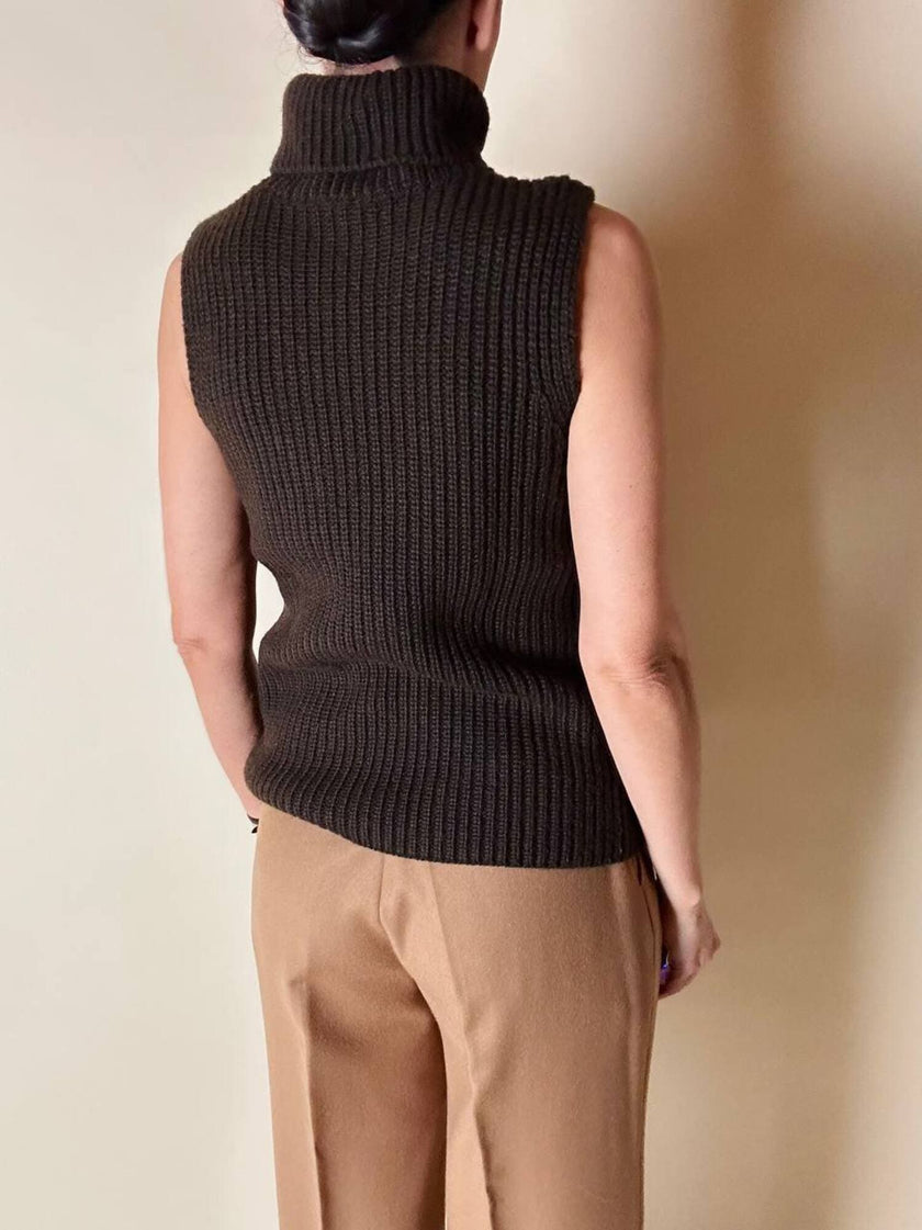 Gilet dolcevita Stefanel vintage in lana marrone a coste