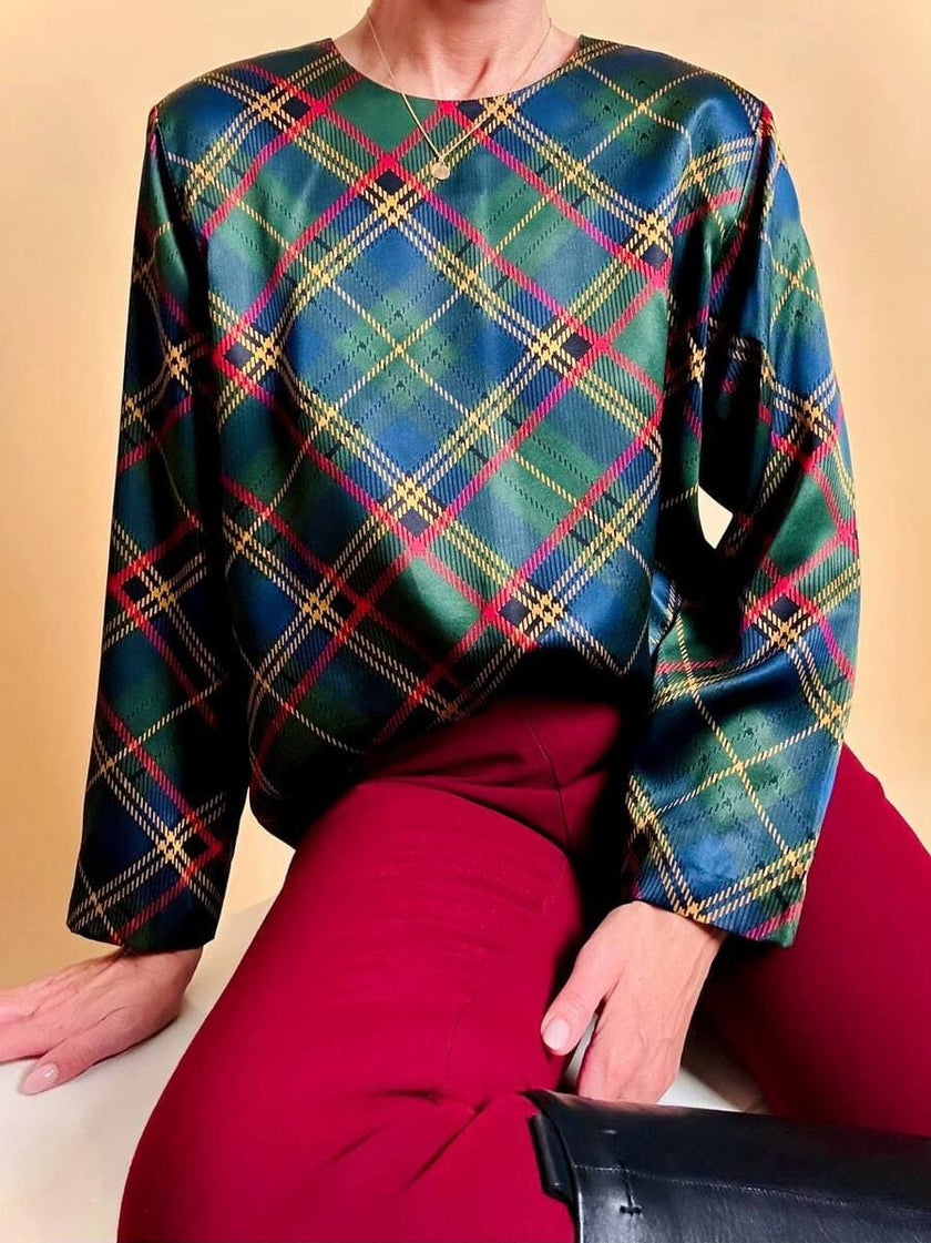 Blusa in raso di seta tartan 