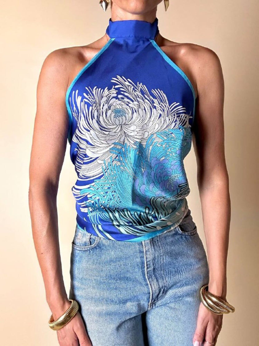 Top a fazzoletto in pura seta fantasia floreale nei toni blu “Gucci”