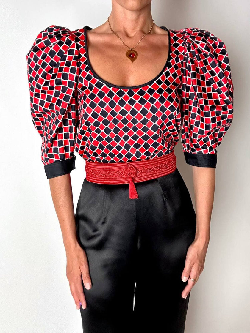 Blusa vintage Yves Saint Laurent fantasia Arlecchino con maniche a palloncino